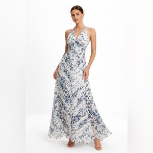 BCBG Silk Blend Floral Maxi Dress Open Back Bias Cut Wedding Guest Romantic Sz2
